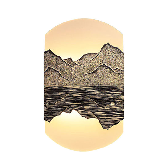 Elegant Oval Corridor Mountain Wall Mural Led Oriental Style Light Fixture In Silver/Brown