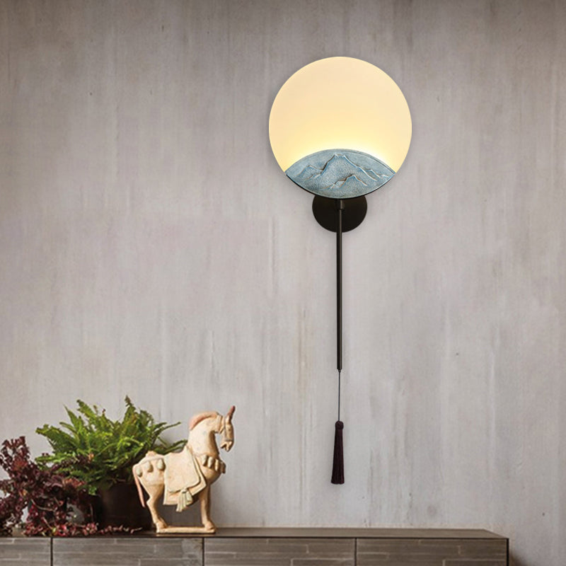 Elegant Oval Corridor Mountain Wall Mural Led Oriental Style Light Fixture In Silver/Brown Silver /