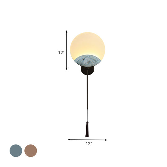 Elegant Oval Corridor Mountain Wall Mural Led Oriental Style Light Fixture In Silver/Brown