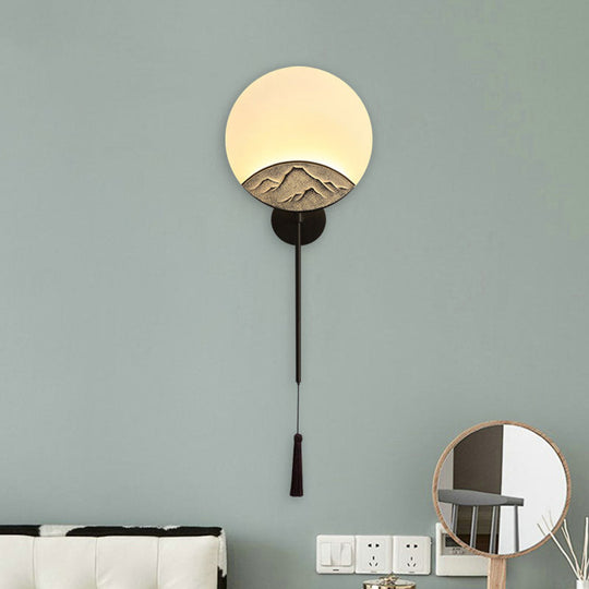 Elegant Oval Corridor Mountain Wall Mural Led Oriental Style Light Fixture In Silver/Brown