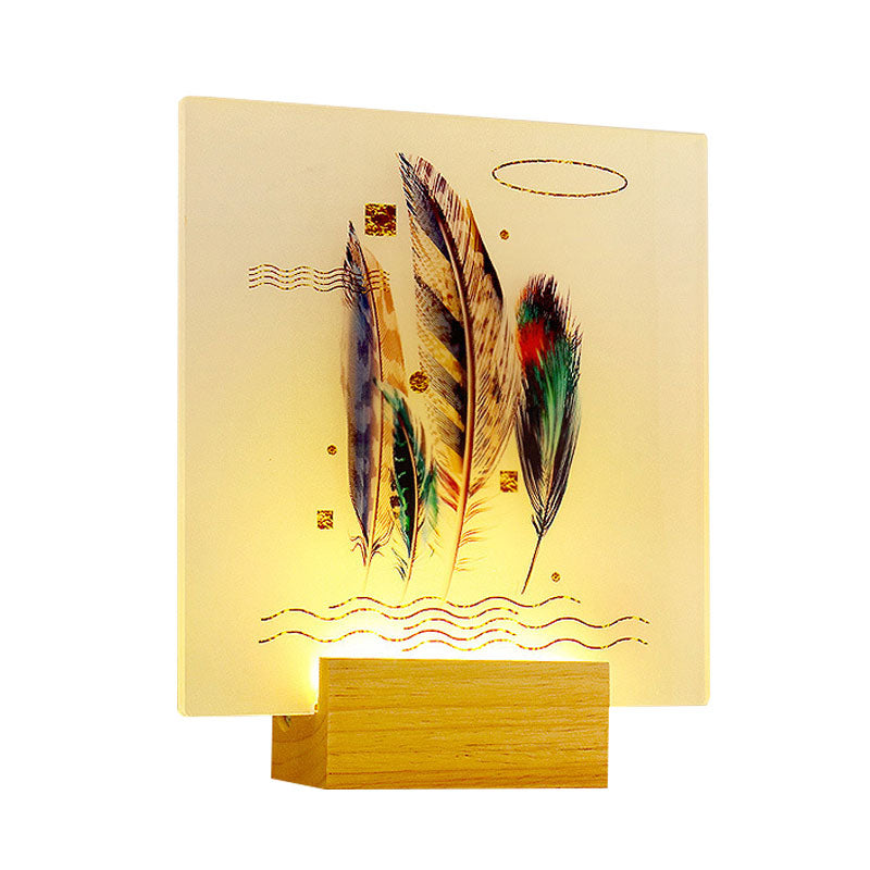 Asia Style Wood Feather Wall Lamp With Led Mural Light For Living Room