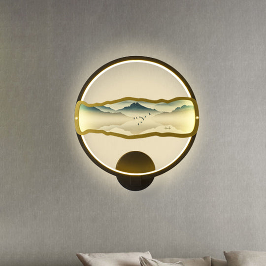 Mountain Patterned Led Wall Light In Asia Style - Black & Circular With Warm/White / White