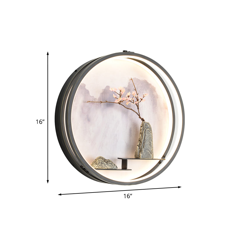 Black Oriental Metal Wall Mounted Led Light With Mountain And Flower Pattern