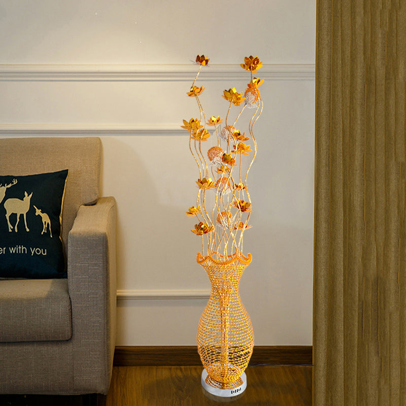 Gold Led Floor Lamp With Hollowed Vase Design And Bloom Decor - Perfect For Bedroom