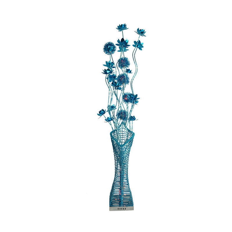Metallic Led Floor Lamp With Tower-Like Design And Blue Floral Decor