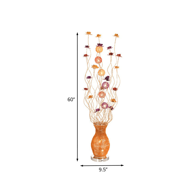 Curved Aluminum Floor Lamp With Led Light Floral Decor And Vase Base In Gold