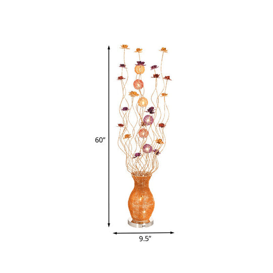 Curved Aluminum Floor Lamp With Led Light Floral Decor And Vase Base In Gold