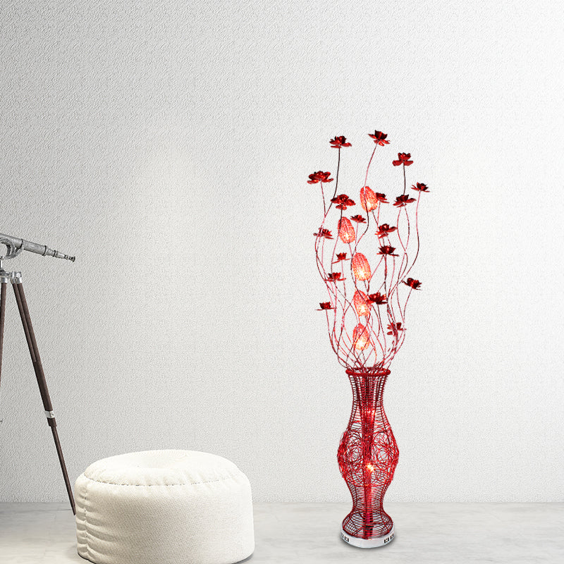 Red Curvy Floral Aluminum Led Floor Lamp With Urn Pedestal - Stylish Bedroom Decor