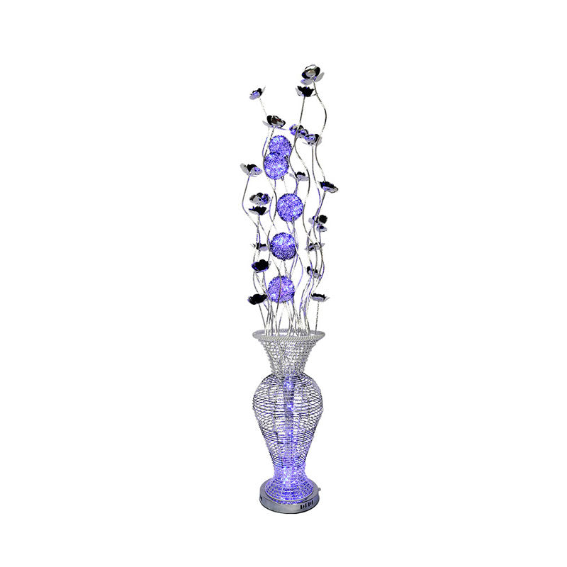 Modern Led Floor Lamp With Aluminum Blossom Design Black-Silver Finish And Purple Orb - Art Decor