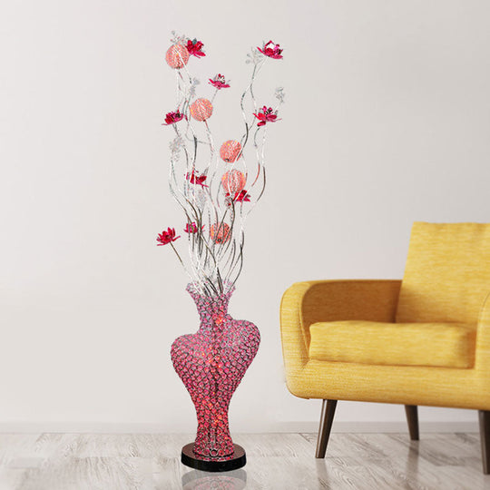 Red Metal Floret Standing Lamp: Led Decorative Floor Light With Crystal Encrusted Detail