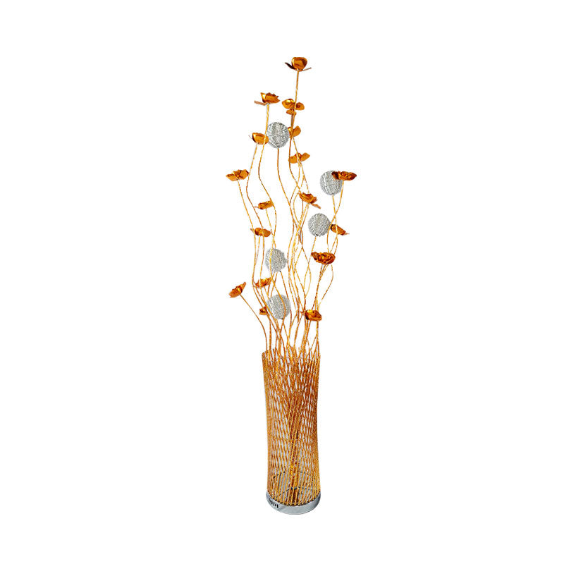 Led Decorative Aluminum Floor Reading Lamp - Twill Cylinder Style In Red/Gold With Bloom Design