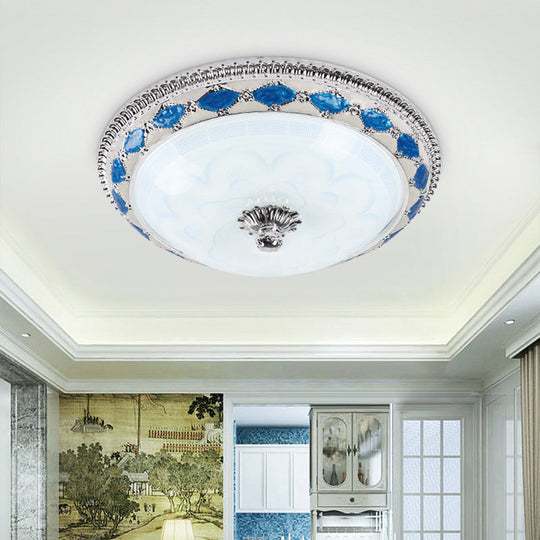 Rustic Blue Led Glass Dome Bedroom Flushmount Light Fixture With Crystal Accent 12’/16’/19.5’