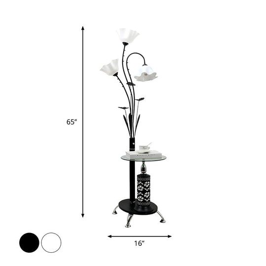 Metallic Floor Lamp: 3-Light Countryside Tree Design Black/White Guest Room Standing Up Floral Shade