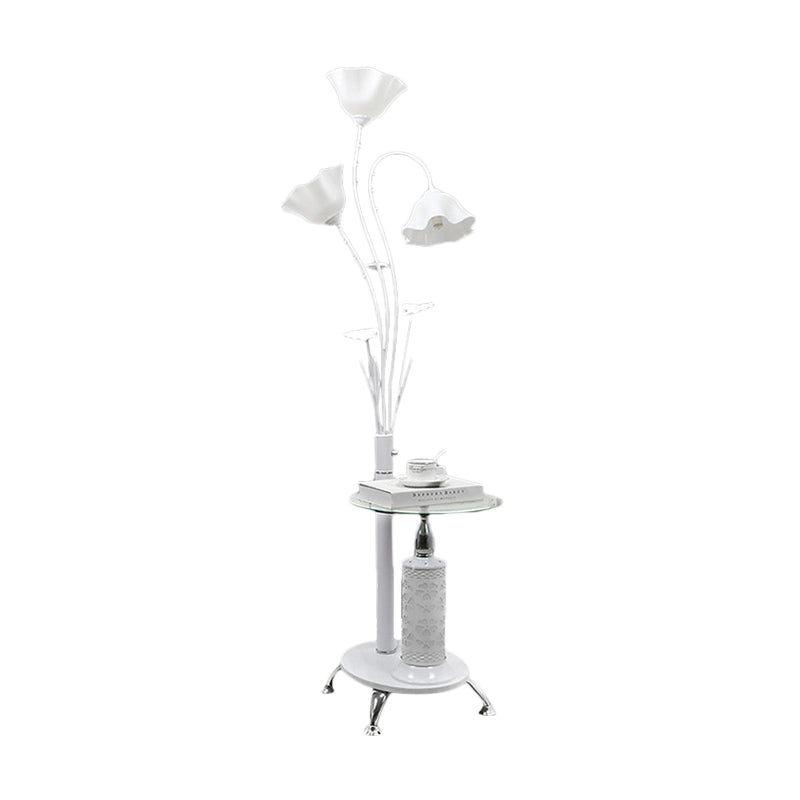 Metallic Floor Lamp: 3-Light Countryside Tree Design Black/White Guest Room Standing Up Floral Shade