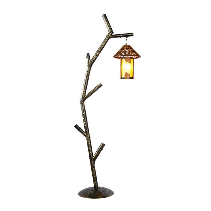 Rural Metallic 1-Bulb Black Tree Design Floor Lamp With Crystal Shade - Perfect For Coffee Shops