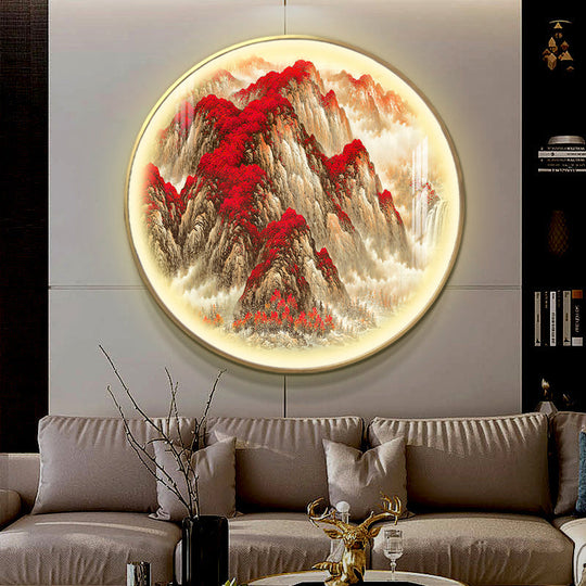 Red Oriental Style Led Wall Lamp With Mountain Pattern Metallic Mural Light For Guest Room
