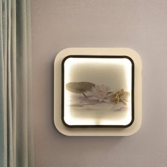 Black & White Chinese Led Wall Light With Lotus Dragonfly Pattern - Square Metal Fixture Black-White