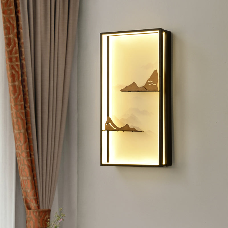Led Oriental Style Black Mountain Wall Light With Metallic Mural Design