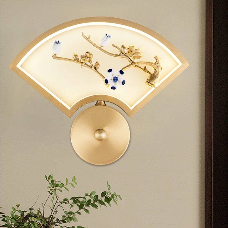 Chinese Style Led Gold Branch Wall Mural Lamp - Fan Metal Mounted Lighting For Corridors