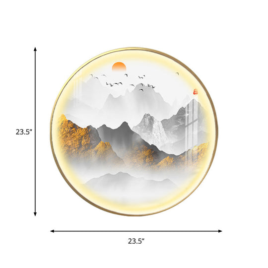 Oriental Led Wall Light With Mountain And Sun Pattern - Gold Mount Fixture