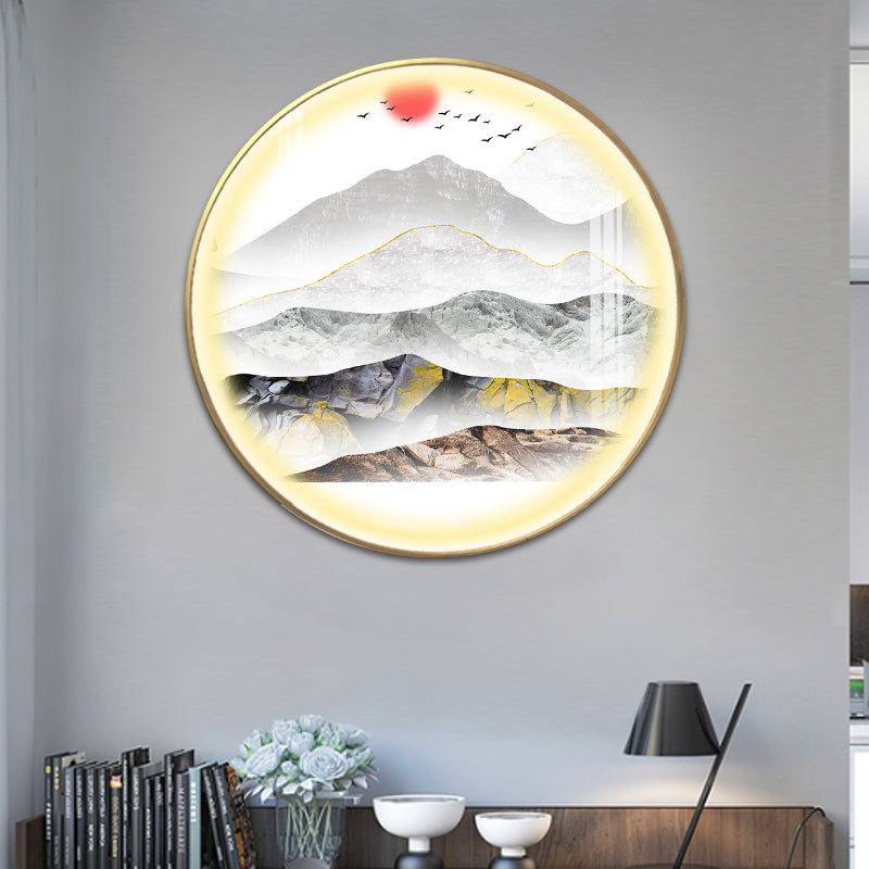 Oriental Led Wall Light With Mountain And Sun Pattern - Gold Mount Fixture
