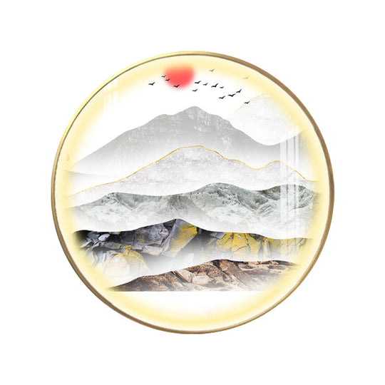 Oriental Led Wall Light With Mountain And Sun Pattern - Gold Mount Fixture