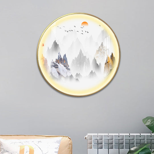 Gold Chinese Metal Led Wall Light With Mountain And Sun Pattern - Round Mural Design