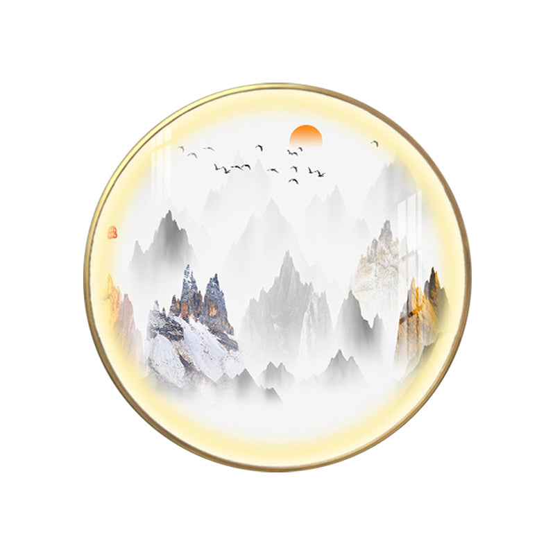 Gold Chinese Metal Led Wall Light With Mountain And Sun Pattern - Round Mural Design