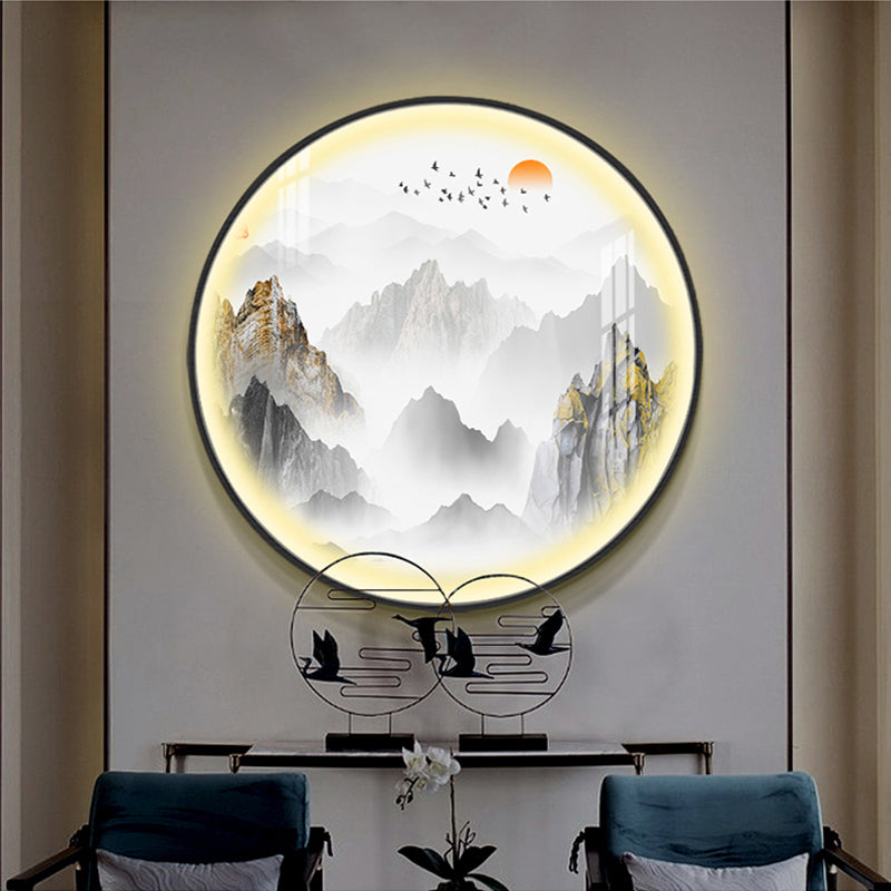 Gold Chinese Metal Led Wall Light With Mountain And Sun Pattern - Round Mural Design / B