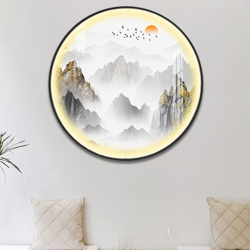 Gold Chinese Metal Led Wall Light With Mountain And Sun Pattern - Round Mural Design