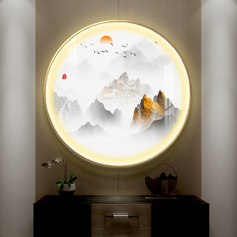 Gold Chinese Metal Led Wall Light With Mountain And Sun Pattern - Round Mural Design / A