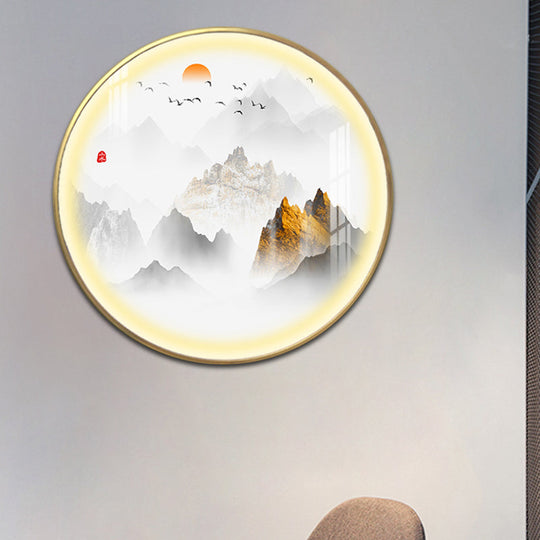 Gold Chinese Metal Led Wall Light With Mountain And Sun Pattern - Round Mural Design
