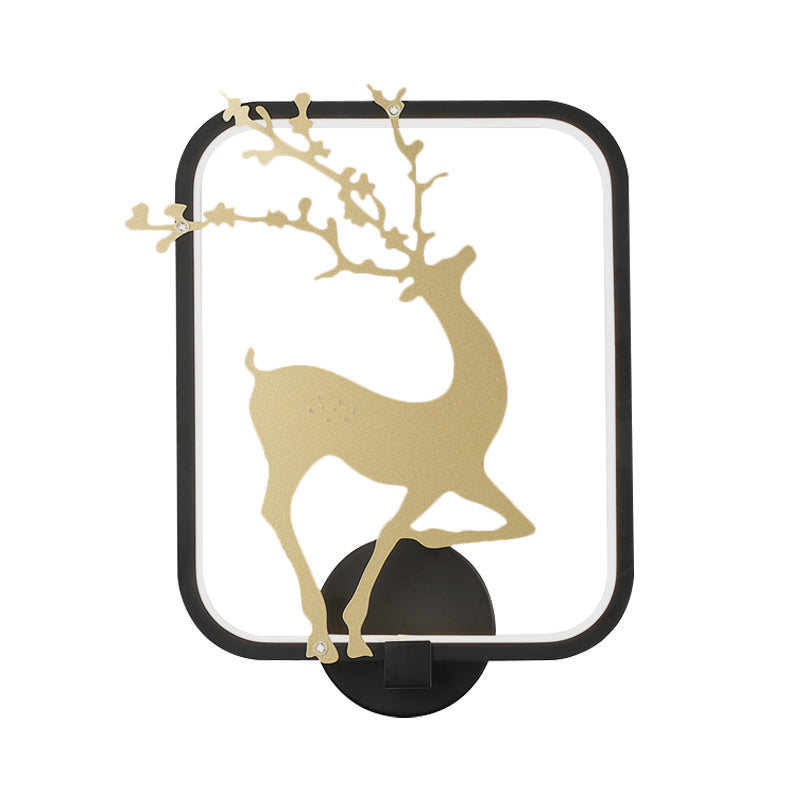Minimalist Rectangle Metal Wall Mural Led Mount Lamp - Black/White With Elk Deer Pattern Warm/White