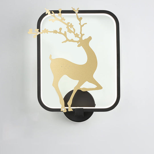Minimalist Rectangle Metal Wall Mural Led Mount Lamp - Black/White With Elk Deer Pattern Warm/White