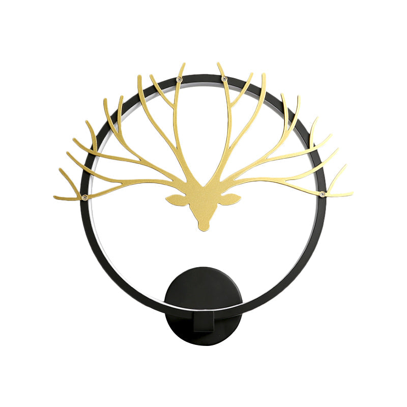 Nordic Style Circular Elk Deer Head Wall Lamp - Metal Led Black/Gold Mural Light For Bedside