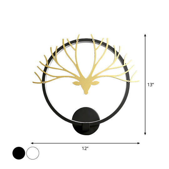 Nordic Style Circular Elk Deer Head Wall Lamp - Metal Led Black/Gold Mural Light For Bedside