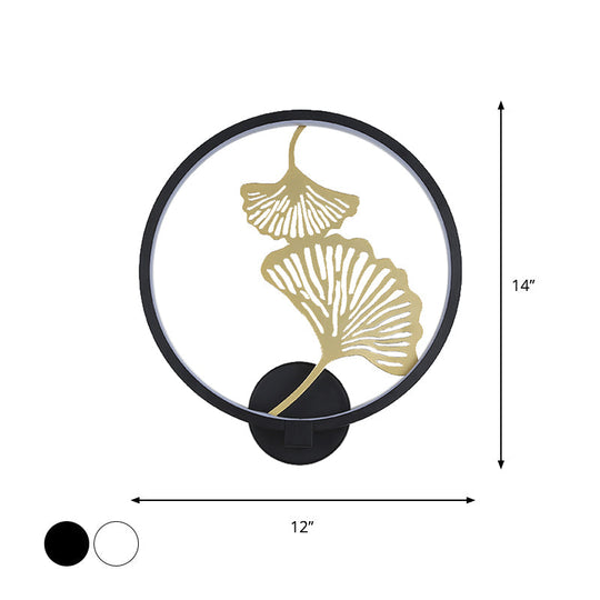 Circular Ginkgo Mural Light: Contemporary Led Metallic Wall Lighting For Living Room (Black/White