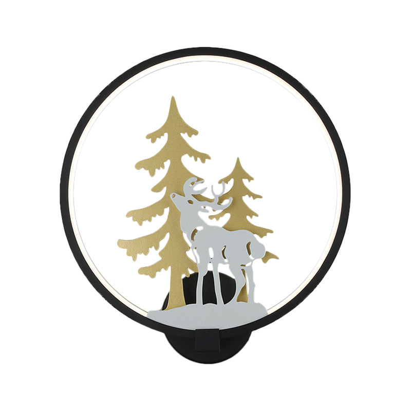 Minimalist Led Metal Wall Light Fixture With Black/White Deer And Tree Mural - Warm/White Lighting