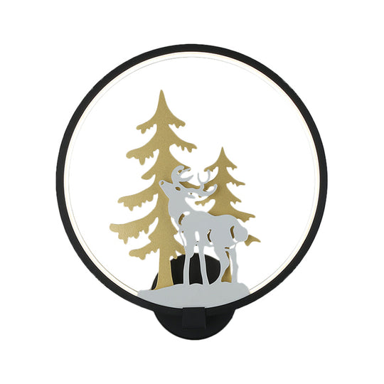 Minimalist Led Metal Wall Light Fixture With Black/White Deer And Tree Mural - Warm/White Lighting