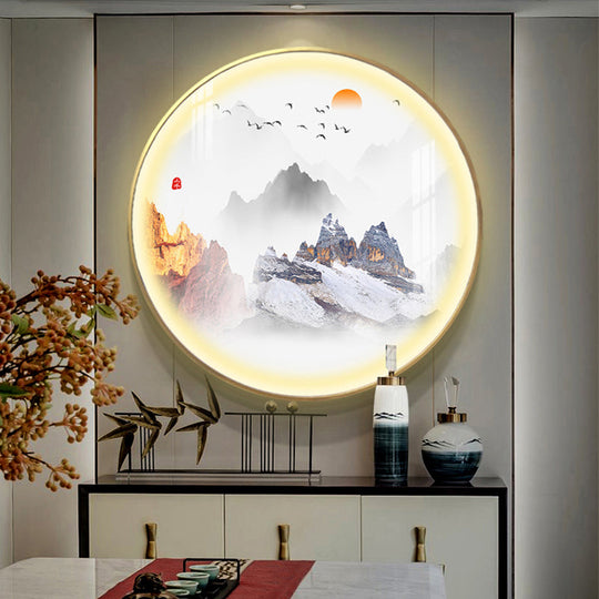 Gold Chinese Metal Led Wall Light With Mountain And Sun Pattern - Round Mural Design / D