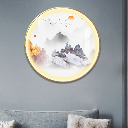 Gold Chinese Metal Led Wall Light With Mountain And Sun Pattern - Round Mural Design