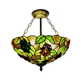12’/16’ W Inverted Semi Flush Light: Stained Glass Bowl Shade Green / 16’