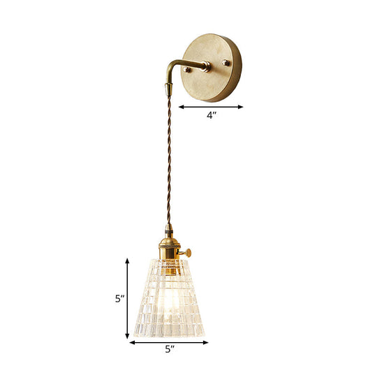 Clear Textured Glass Wall Sconce With Single Brass Bulb - Perfect For Industrial Bedroom Lighting