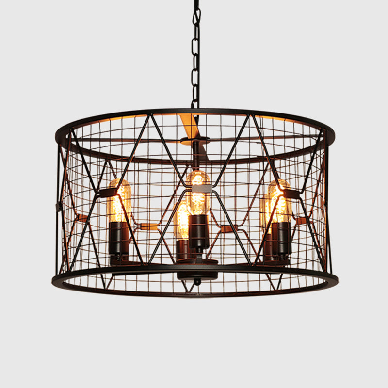 Vintage Industrial Metal 6-Light Pendant Chandelier With Trellis Drum Design
