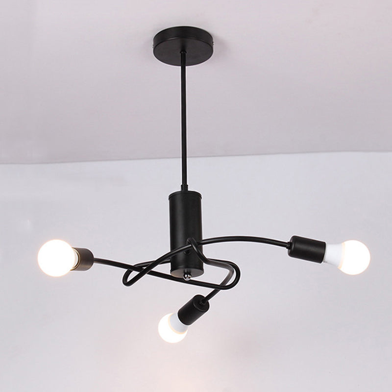 Vintage Industrial Black Metal Chandelier With Exposed Bulbs - 3/5 Lights Twirled Hanging Lamp For