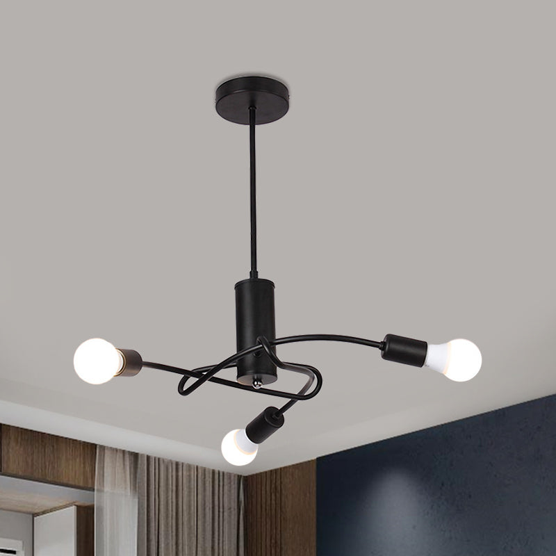 Vintage Industrial Black Metal Chandelier With Exposed Bulbs - 3/5 Lights Twirled Hanging Lamp For
