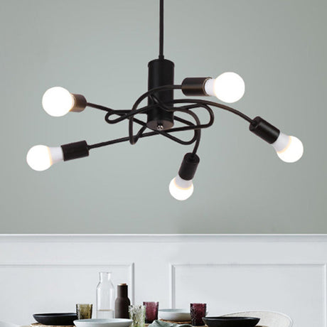 Industrial Vintage Black Metal Chandelier With 3/5 Lights Twirled Design And Exposed Bulbs - Perfect