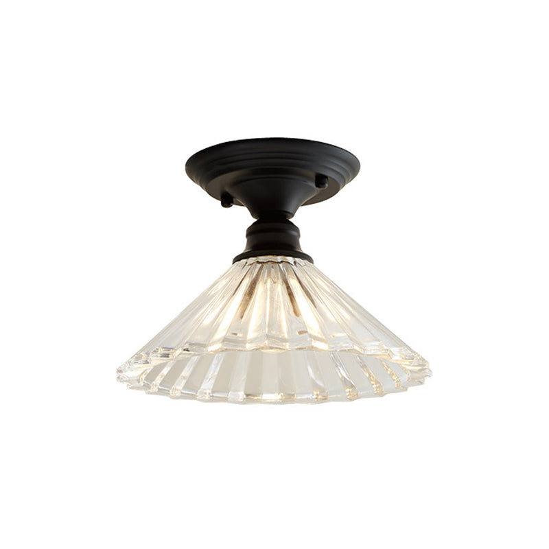 Wavy/Wide Flare Semi - Flush Mount Industrial Black Clear Textured Glass Lighting Fixture