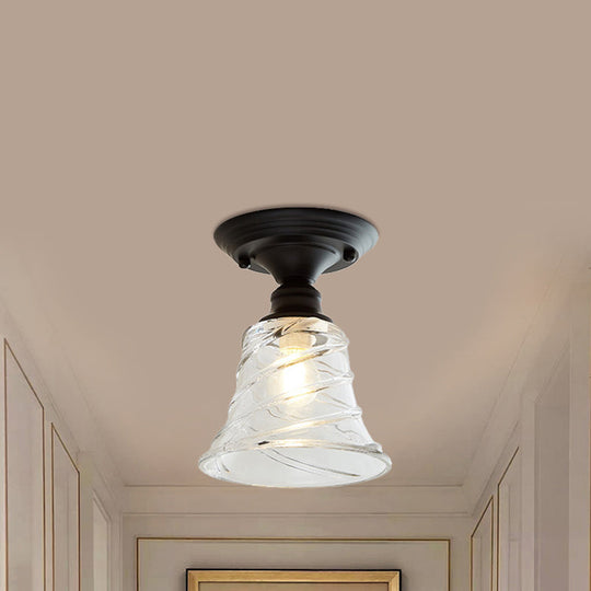 Wavy/Wide Flare Semi - Flush Mount Industrial Black Clear Textured Glass Lighting Fixture