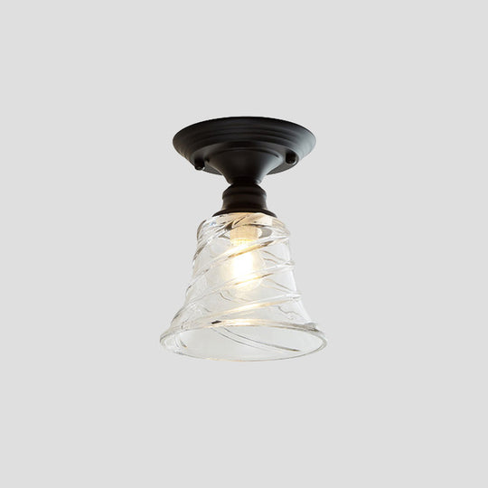 Wavy/Wide Flare Semi - Flush Mount Industrial Black Clear Textured Glass Lighting Fixture
